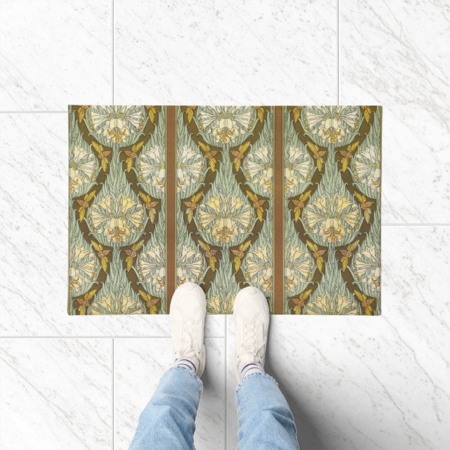 Sage Green Art Nouveau Lily Insect Pattern Doormat (Indoor)