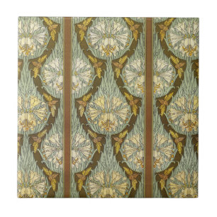 Sage Green Art Nouveau Lily Insect Pattern Tile