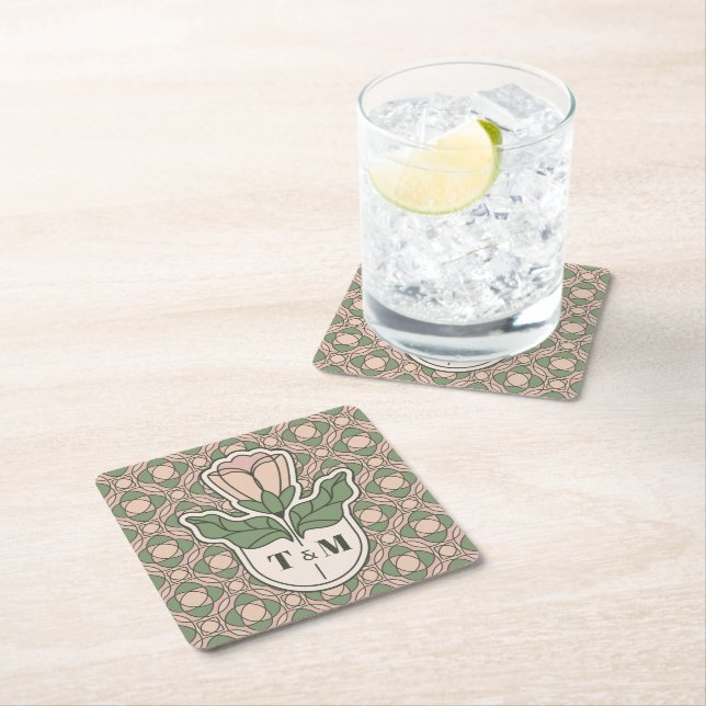 Sage Green Art Nouveau Monogram Wedding Coaster (Insitu)
