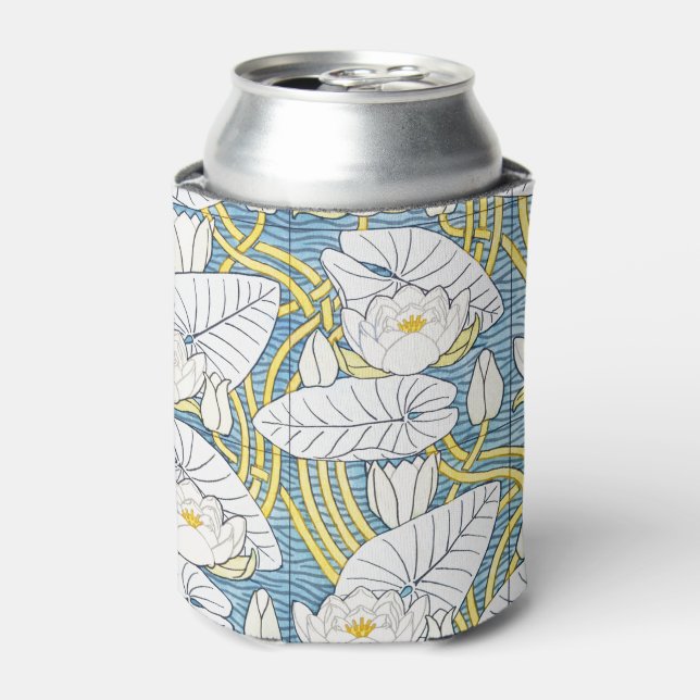 Sage Green Art Nouveau Water Lily Pattern Can Cooler (Can Front)