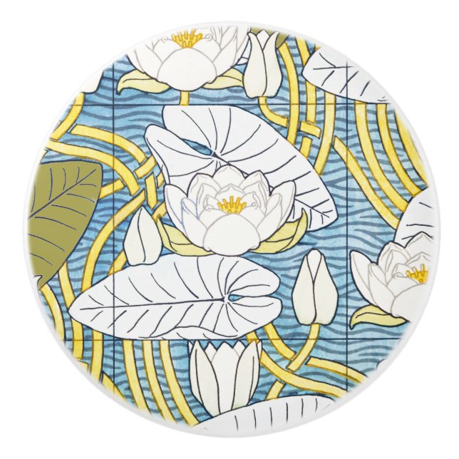 Sage Green Art Nouveau Water Lily Pattern Ceramic Knob (Front)
