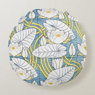 Sage Green Art Nouveau Water Lily Pattern Round Cushion