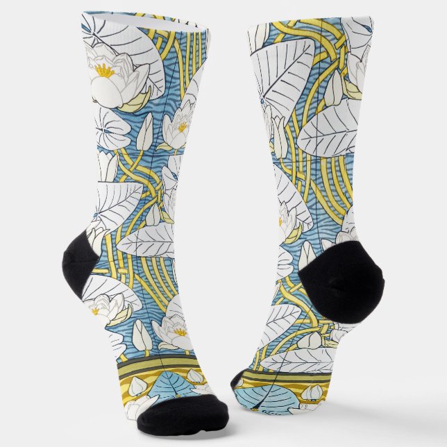 Sage Green Art Nouveau Water Lily Pattern Socks (Angled)