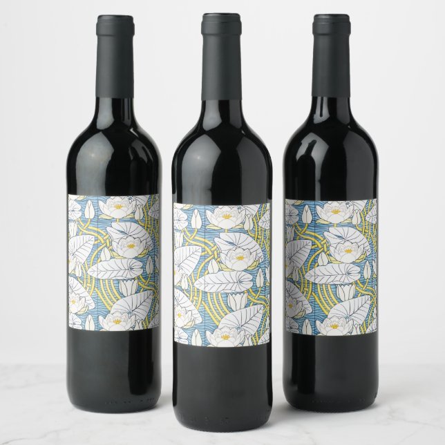 Sage Green Art Nouveau Water Lily Pattern Wine Label (Bottles)
