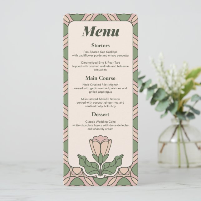 Sage Green Art Nouveau Wedding Menu Card (Standing Front)