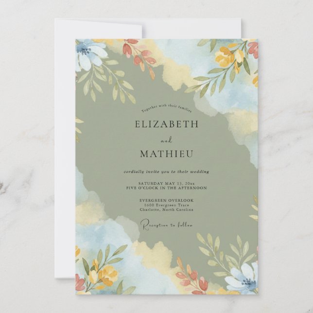 Sage Green Artistic Bloom Wedding Invitation (Front)