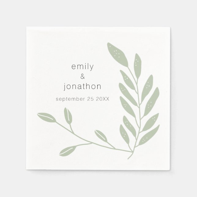 Sage Green Artsy Leaves Names Date Wedding Napkins (Front)