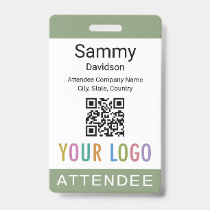 Sage Green Attendee Badge QR Code Business Logo ID Badge