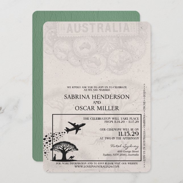 Sage Green Australia Passport Wedding Invitation (Front/Back)