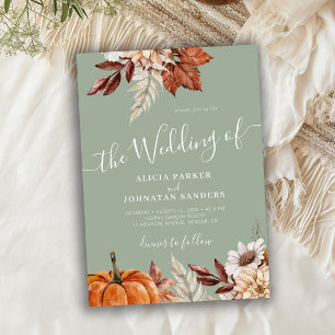 Sage green autumn fall boho botanical wedding invitation