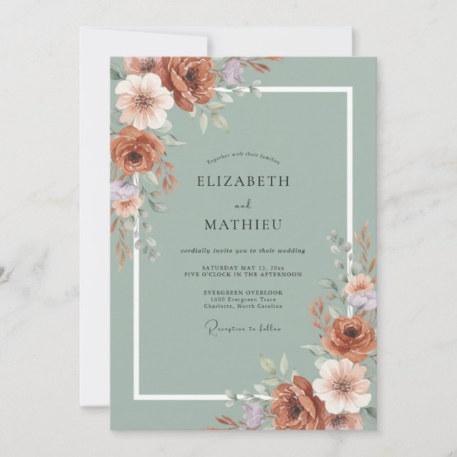 Sage Green Autumnal Blossom Wedding Invitation (Front)