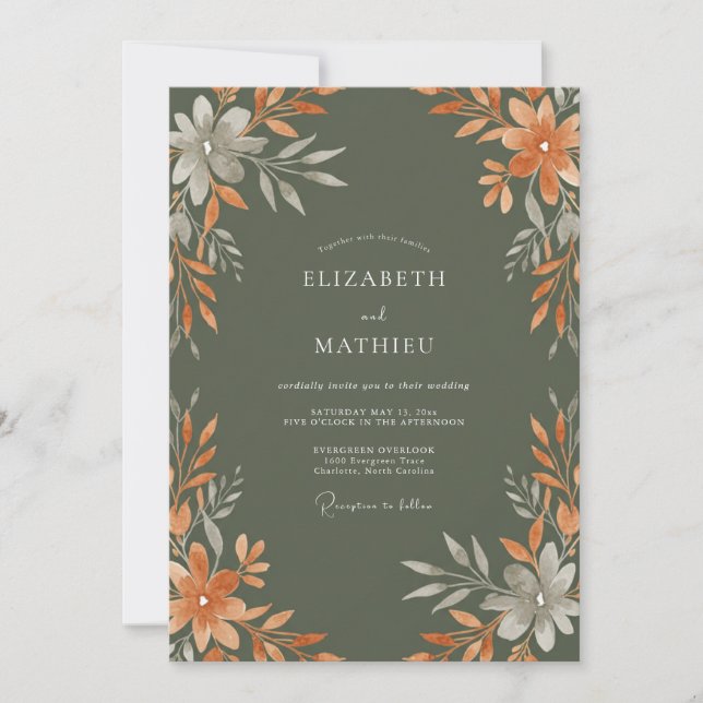 Sage Green Autumnal Botanical Wedding Invitation (Front)