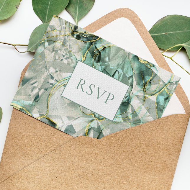 Sage Green Aventurine Gemstone Wedding RSVP Invitation Postcard (Creator Uploaded)