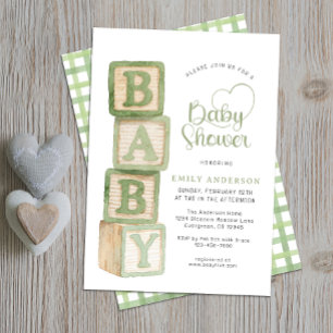 Sage Green Baby Blocks Baby Shower Cottage Gingham Invitation