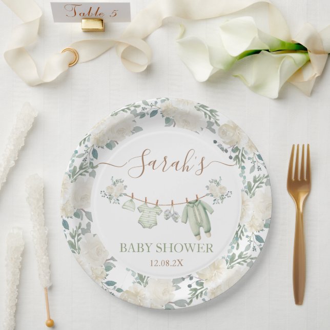 Sage Green Baby Clothes Baby Shower Paper Plate (Wedding)