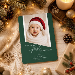 Sage Green Baby First Christmas Geometric photo Holiday Card
