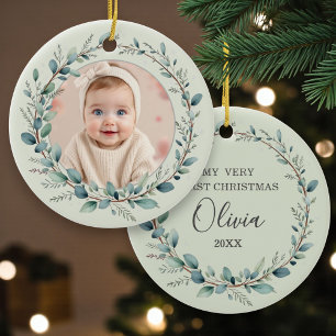 Sage Green Baby First Christmas Photo Ceramic Tree Decoration