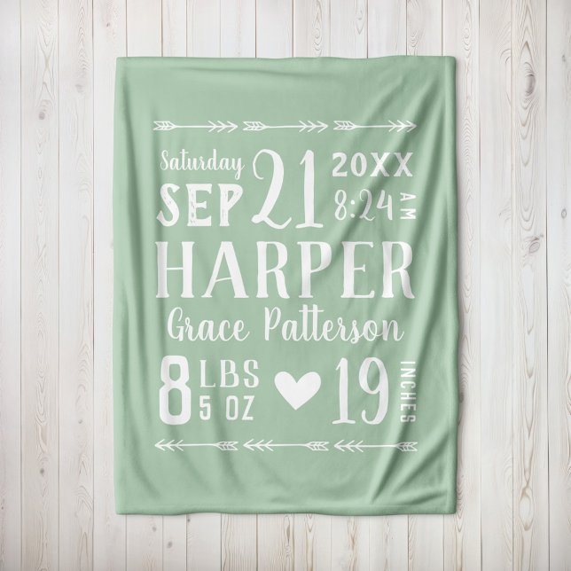 Sage Green Baby Girl Birth Stats Keepsake Fleece Blanket (Creator Uploaded)