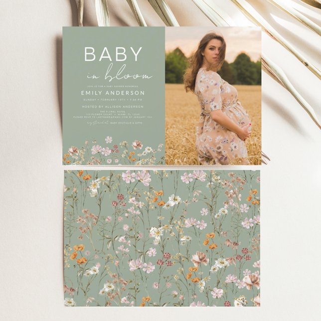 Sage Green Baby in Bloom Photo Baby Shower Invitation (Creator Uploaded)