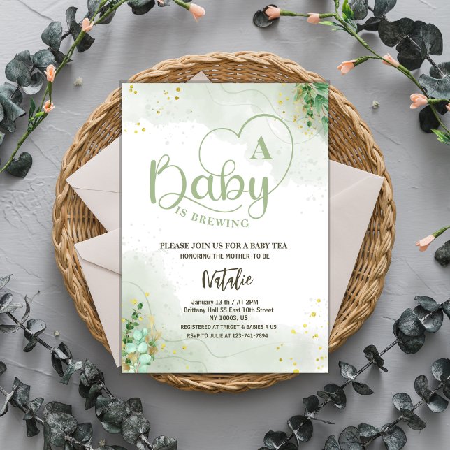   sage green baby is brewing greenery baby shower invitation (Creator Uploaded)