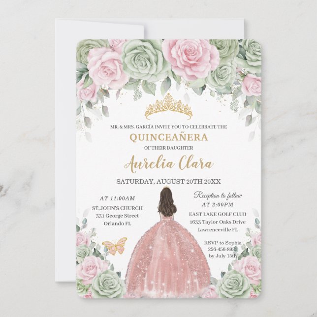 Sage Green Baby Pink Floral Rose Gold Quinceañera Invitation (Front)
