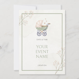 Sage Green Baby Pram Berry Branch Invitation