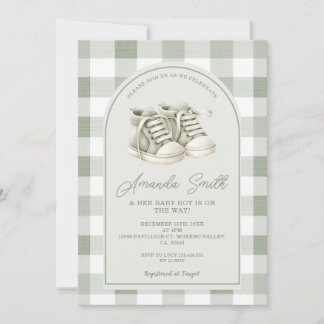 Sage Green Baby Shoes Gingham Boy Baby Shower Invitation
