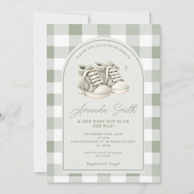 Sage Green Baby Shoes Gingham Boy Baby Shower Invitation (Front)
