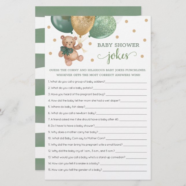 Sage Green Baby Shower Baby Jokes Game Teddy Bear  (Front/Back)