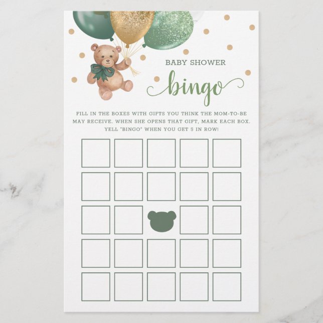 Sage Green Baby Shower Bingo Game Teddy Bear (Front)