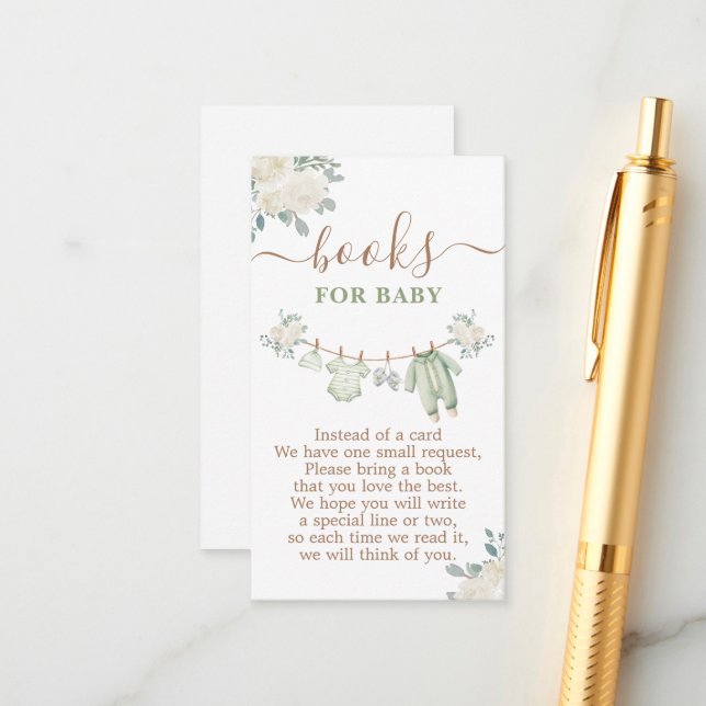 Sage Green Baby Shower Books for Baby Enclosure Card (Front/Back In Situ)