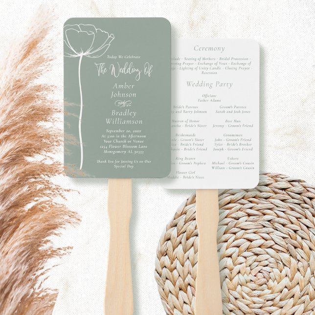 Sage Green Background White Simple Floral Program Hand Fan (Creator Uploaded)