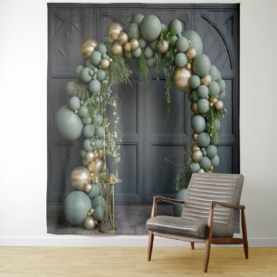 Sage Green Balloon Arch Birthday Party Backdrop Tapestry