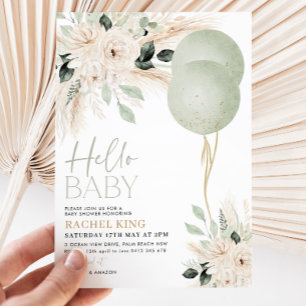 Sage Green Balloons Floral Baby Shower Invitation