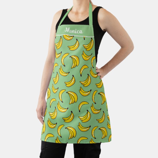 Sage Green Banana Fruit Design Whimsical Kitchen Apron (Insitu)