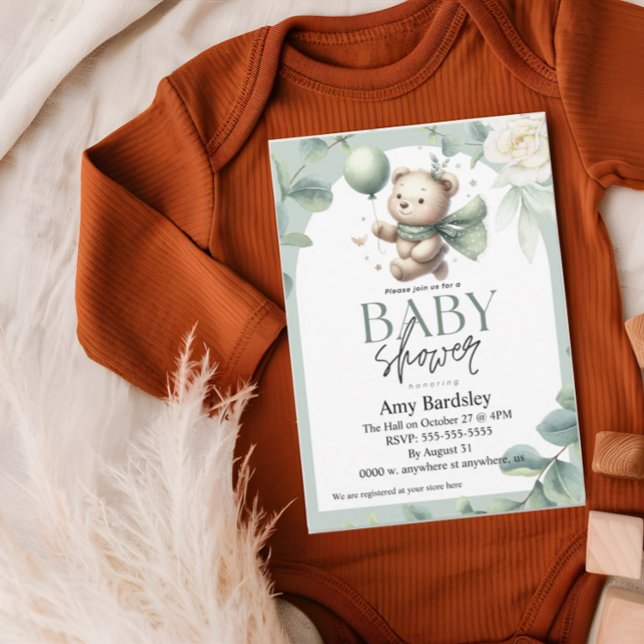 Sage Green Bear Baby Shower Invitation (Creator Uploaded)
