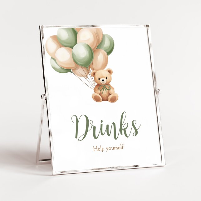 Sage Green Bear Balloon Baby Shower Drinks Poster (Green Boho Bear Baby Shower Drinks Sign)