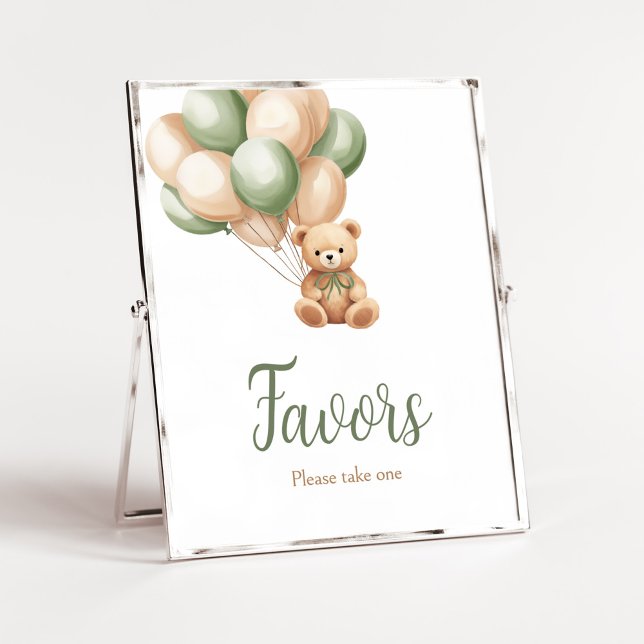 Sage Green Bear Balloon Baby Shower Favours Poster (Green Boho Bear Baby Shower Favors Sign)