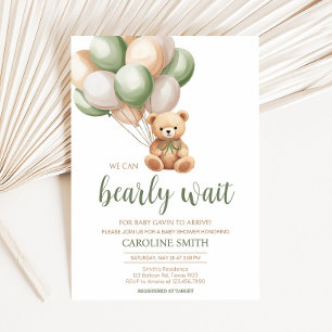 Sage Green Bear Balloon Baby Shower Invitation