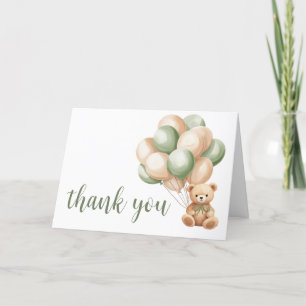 Sage Green Bear Balloon Baby Shower Thank You Card