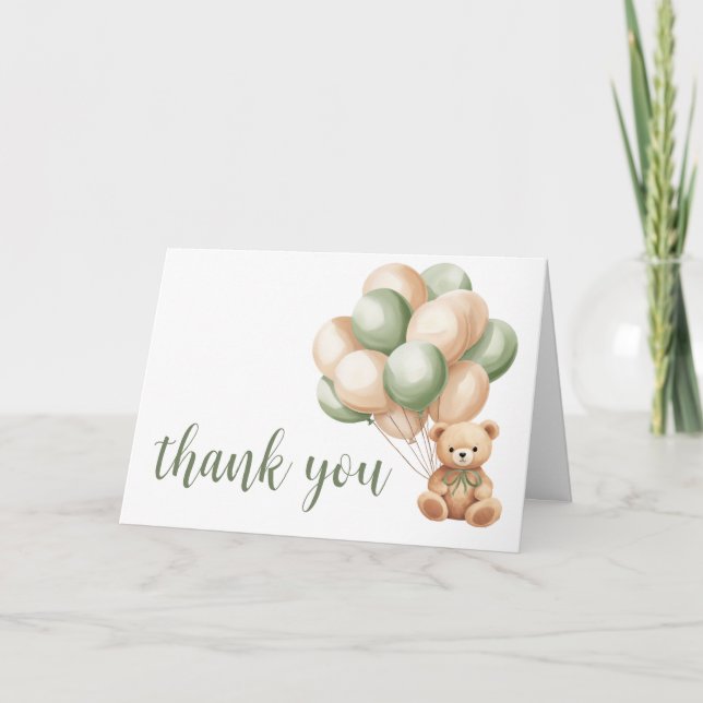 Sage Green Bear Balloon Baby Shower Thank You Card (Front)