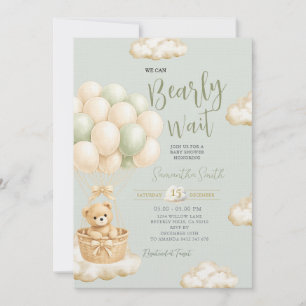 Sage Green Bear Balloon Neutral Baby Shower Invite