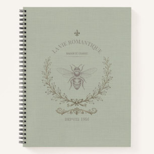 Sage Green Bee Engraving French Country Rustic Notebook
