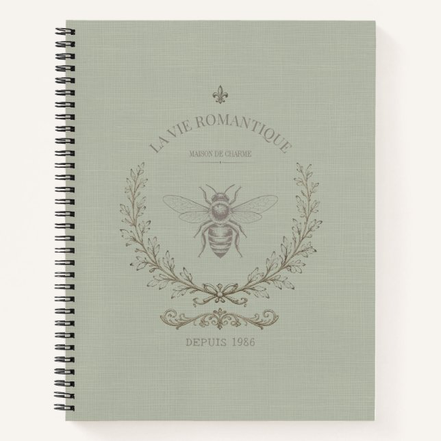 Sage Green Bee Engraving | French Country Rustic  Notebook (Front)