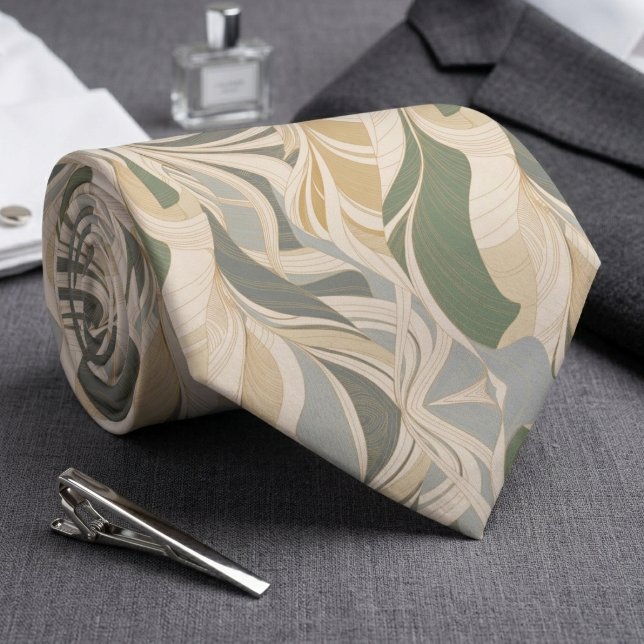 Sage Green Beige Abstract Foliage Pattern Tie (Creator Uploaded)