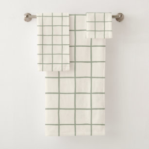 Sage Green Beige Grid Chequered Neutral Minimalist Bath Towel Set