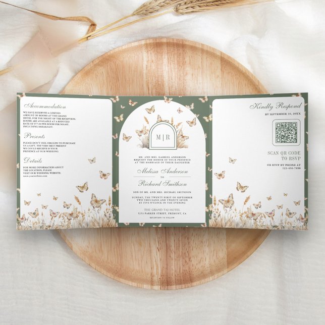 Sage Green Beige Wildflower Butterfly Arch Wedding Tri-Fold Invitation (Creator Uploaded)