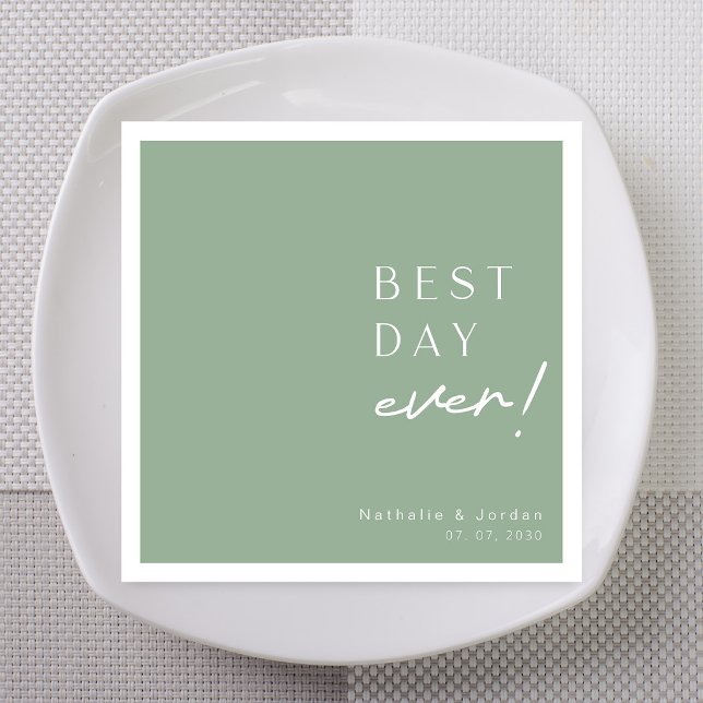 Sage Green Best Day Ever Custom Wedding Napkin (Sage green Best Day Ever  custom wedding napkins with white custom names.)