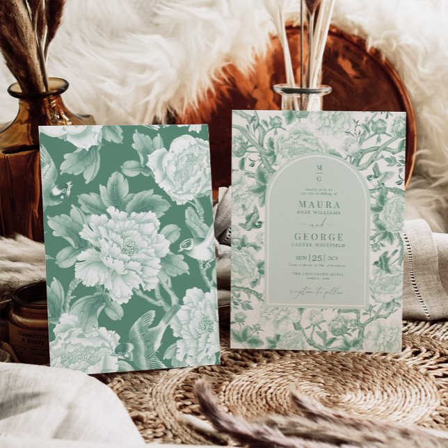 Sage Green Birds Peony Chinoiserie Garden Wedding Invitation (Creator Uploaded)