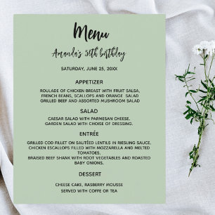 Sage green birthday party menu